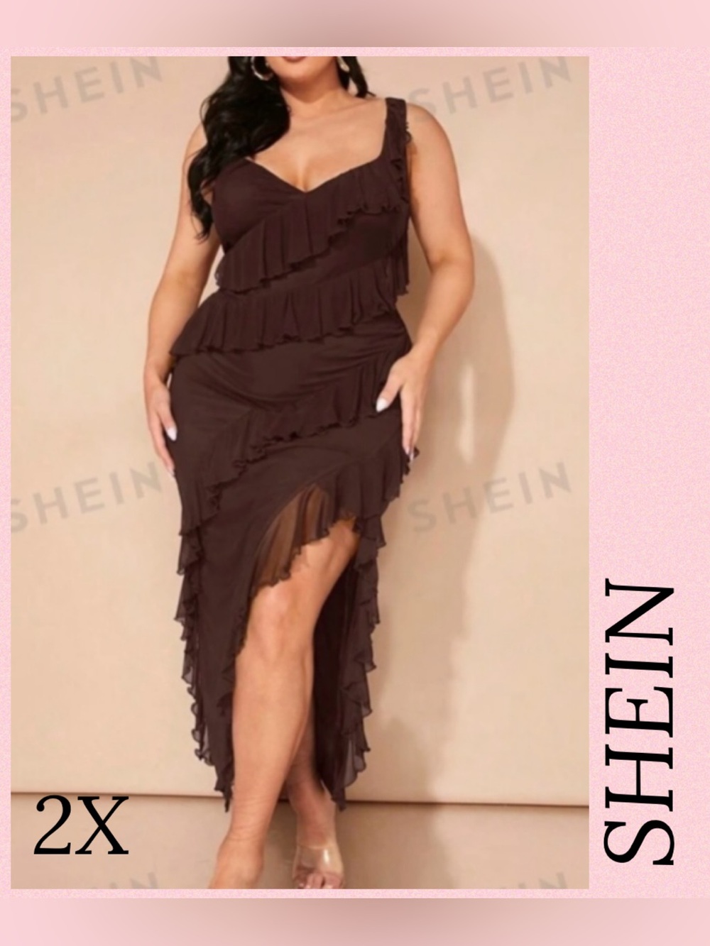 SHEIN Brown Ruffle Asymmetric High-Low Dress